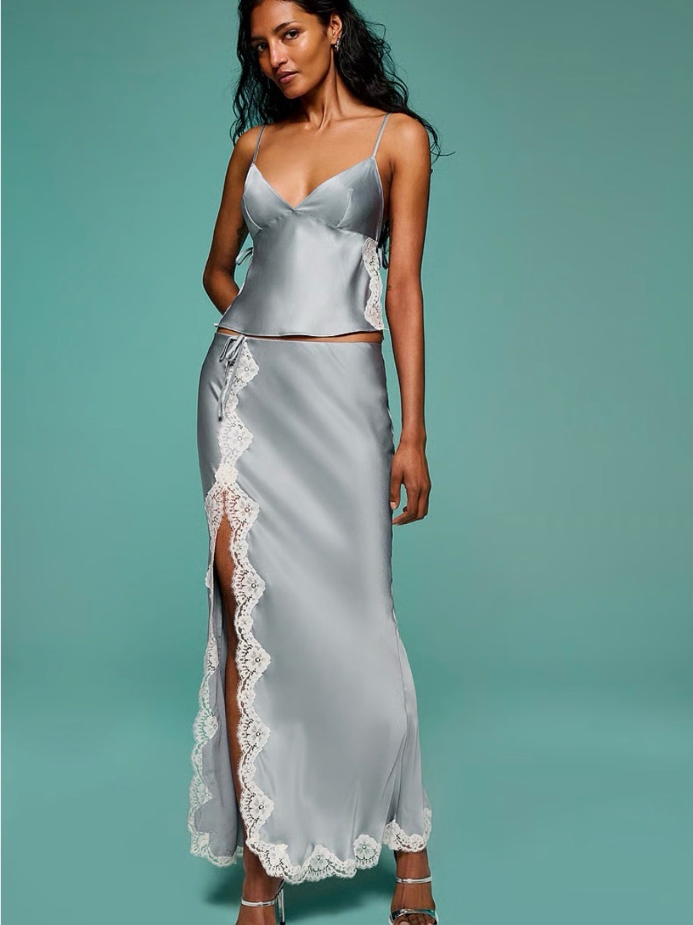 Victoria's Secret Silver Satin Camisole & Lace-Trim Skirt Set